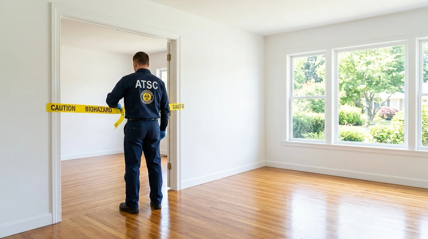 Certified biohazard cleanup crew performing Trauma Scene Cleanup in Westbury